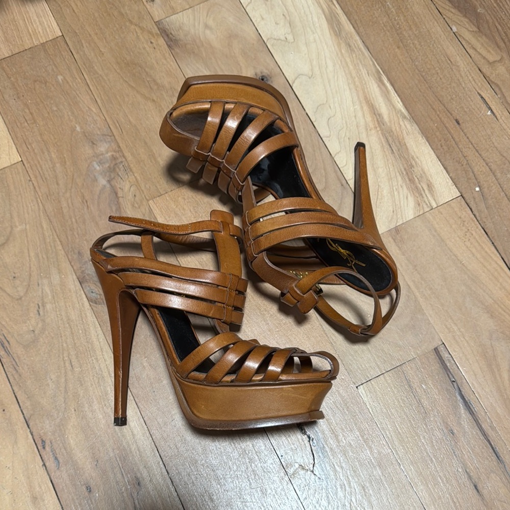 Saint Laurent Tan Strappy Platform Sandals